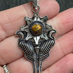 Tigers Eye Flower Luna Moth Sun Crescent Moon Mystic Pendant